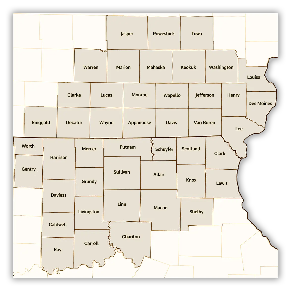 Map
                showing Iowa counties and neighboring counties in Missouri,
                including Jasper, Poweshiek, Iowa, Warren, Marion, Mahaska,
                Keokuk, Washington, Louisa, Clarke, Lucas, Monroe, Wapello,
                Jefferson, Henry, Des Moines, Ringgold, Decatur, Wayne,
                Appanoose, Davis, Van Buren, Lee, Worth, Harrison, Gentry,
                Mercer, Putnam, Schuyler, Scotland, Clark, Daviess, Grundy,
                Sullivan, Adair, Knox, Lewis, Livingston, Linn, Macon, Shelby,
                Caldwell, Carroll, Chariton, and Ray counties.